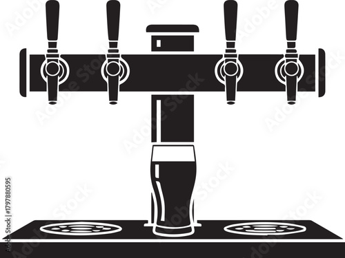 Beer tap with four spouts and a glass of beer