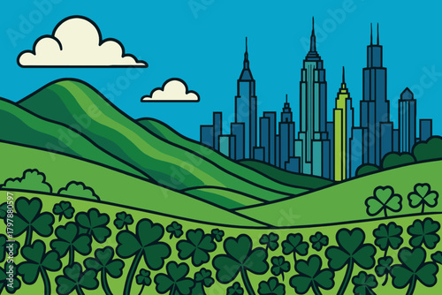 Green rolling hills and shamrocks in foreground with new york city skyline in background
