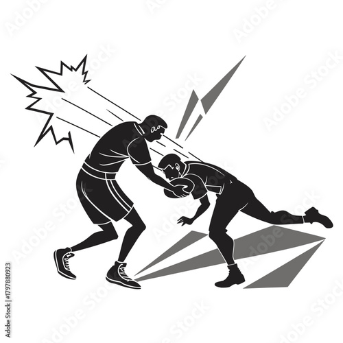 Two black silhouette figures in a sports tackle with motion lines rugby football 1