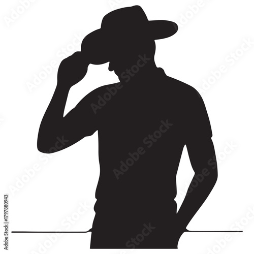 a silhouette of a man wearing a cowboy hat and tipping the brim
