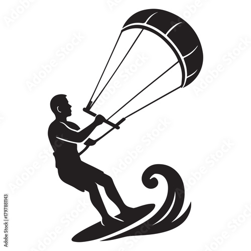  Kitesurfer or Kiteboarder Riding Ocean Wave Silhouette
