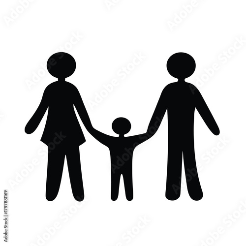 Simple stylized black and white family illustration with mother, father and child
