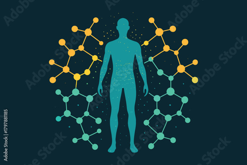 Human silhouette surrounded by abstract molecular structures and network connections