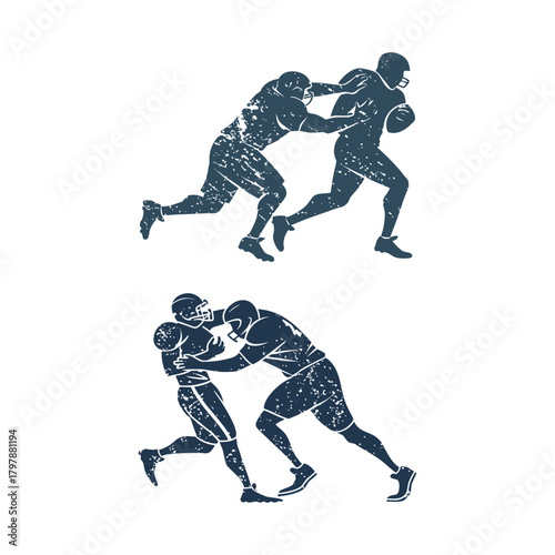 Two dark blue distressed silhouette American football players in action sport 1