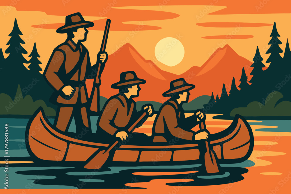 Obraz premium Three frontiersmen in a canoe on a river at sunset with mountains and trees