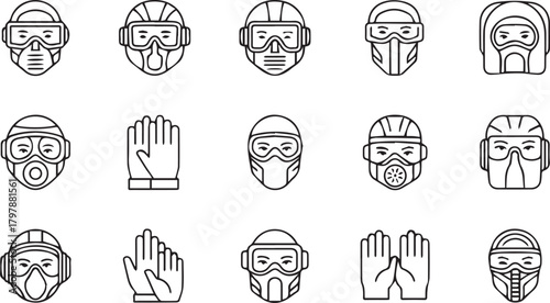 Set of black and white icons representing protective gear and masks