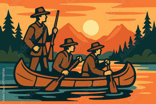 Three frontiersmen in a canoe on a river at sunset with mountains and trees