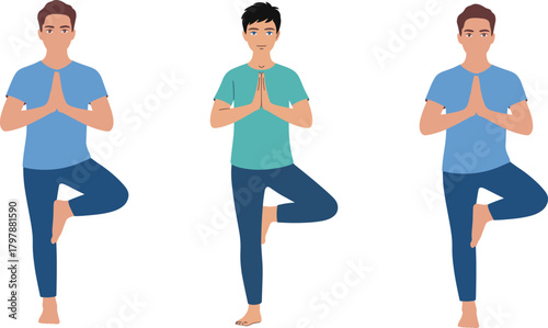 Young man practicing yoga in tree pose, calm balance posture illustration, mindfulness exercise, healthy lifestyle, meditation and fitness concept artwork