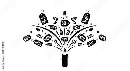 Explosion of sale tags and discounts erupting from a lit candle, symbolizing celebratory savings