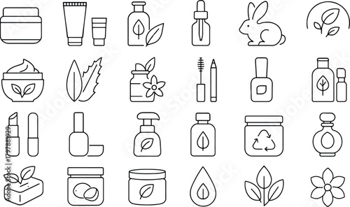 Minimal editable line icon set for organic beauty, skincare, natural cosmetics, cruelty free products and herbal wellness items