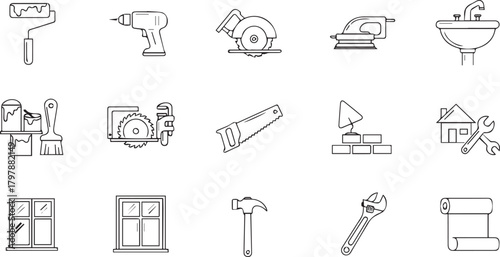 Outline icons of home renovation and construction tools