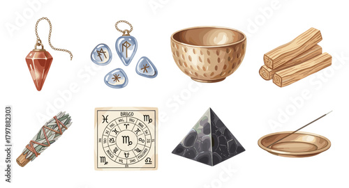 Mystical tools collection: tarot, runes, pyramid, sage, incense, and wooden bowls