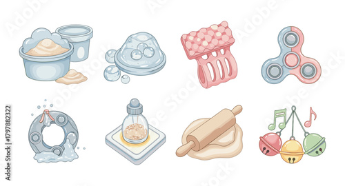 Whimsical pastel icons: baking, toys, music, and more