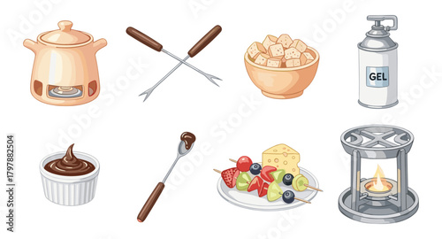 Cheese and chocolate fondue set: dipping tools and ingredients collection
