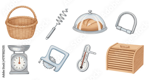 Realistic kitchen tools collection featuring weighing scale, bread basket, and cooking thermometer
