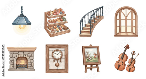 Cozy home elements collection: rustic furniture, décor, and musical instruments