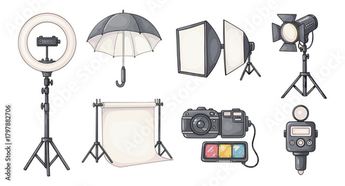 Flat design photography equipment collection with cameras and lighting