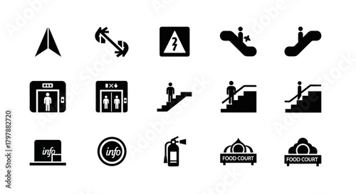A collection of black and white informational icons representing various public facilities and directions.