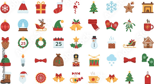 A festive collection of colorful flat-style Christmas icons featuring trees, gifts, ornaments, snowflakes, stockings, holly, reindeer, snowmen, candles, wreaths, and other holiday elements.