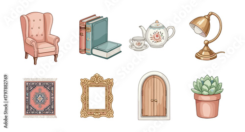 Elegant collection of cozy home decor elements with vintage style