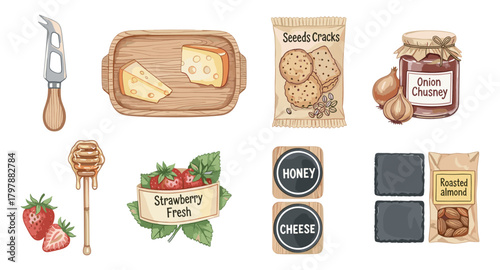 Hand-drawn artisan cheese board with accompaniments and fresh ingredients