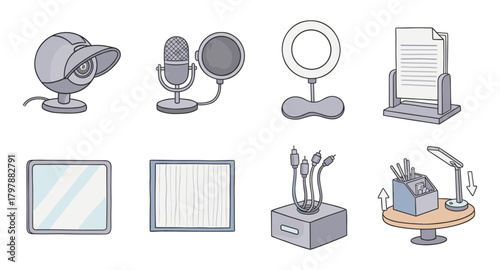 Essential office equipment icons: cameras, microphones, ring lights, paper holders