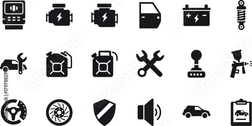 Automotive repair icons set for professional car service and maintenance, designed for mechanics, garages, and transportation industry projects, versatile and modern
