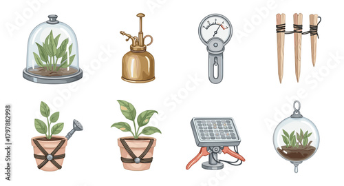 Gardening tools and plants set with watercolor style on white background