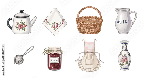 Charming retro kitchen items with floral patterns and country style
