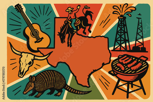 Vibrant texas state outline collage featuring cowboy rodeo guitar longhorn skull armadillo and oil derrick