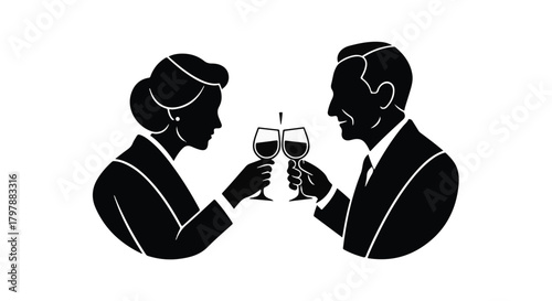 Elegant couple in silhouette toasting with wine glasses, celebrating a special occasion.