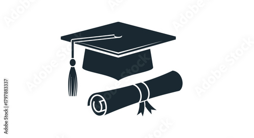 Illustration of a graduation cap and diploma scroll, symbolizing academic achievement and educational success.