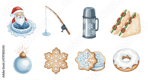 Festive winter icons featuring santa, fishing, and holiday treats in watercolor style