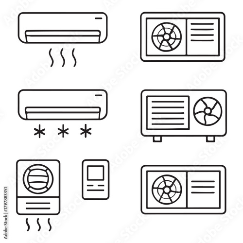 Air conditioner editable stroke outline icons set vector