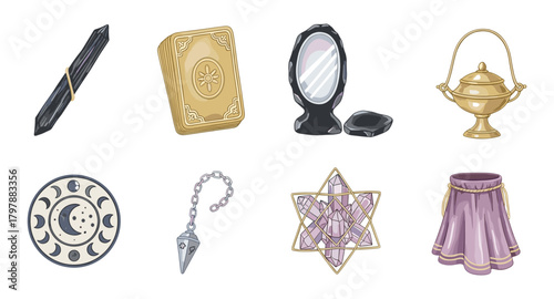 Mystical objects collection: crystals, tarot cards, and ancient artifacts