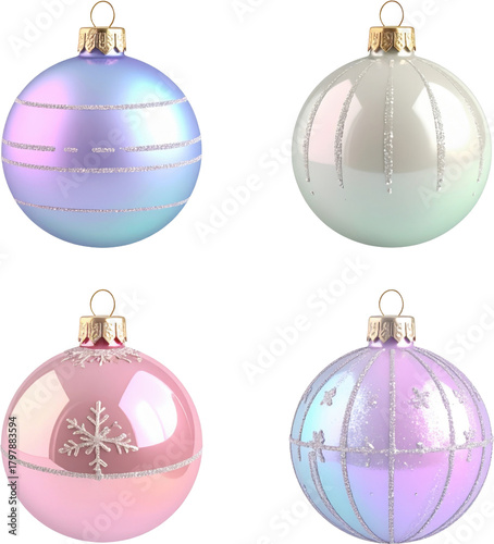 Pastel Christmas ornaments set with glitter decorations, shiny glass baubles in pink blue and white