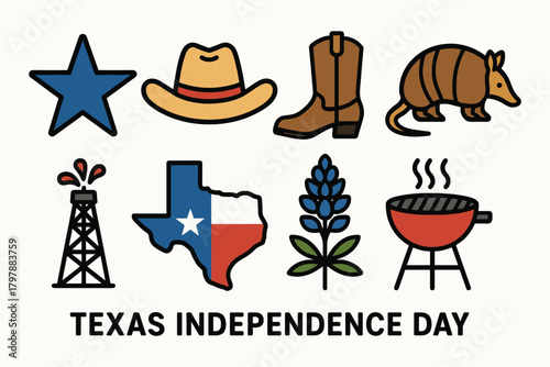Collection of texas independence day symbols including lone star hat boots armadillo oil rig map and barbecue