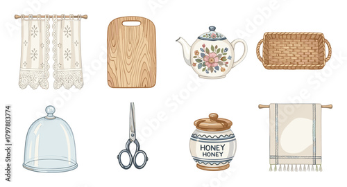 Vintage kitchen collection: classic homeware with floral accents and rustic textures