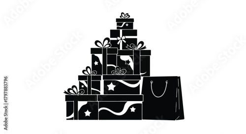 Stack of festive gift boxes and shopping bag, ready for holiday celebration