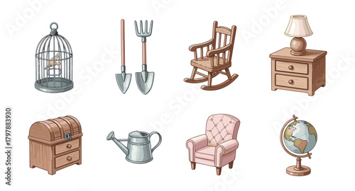 Charming vintage objects: rocking chair, globe, lamp, and more with classic decor