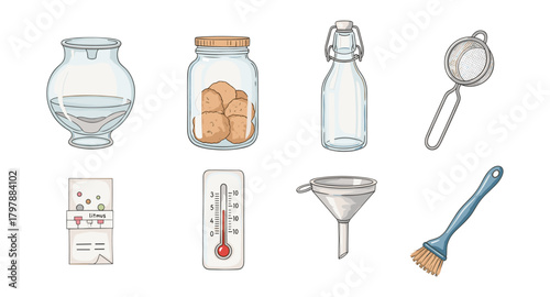 Vintage kitchen tools set with glass jars, thermometer, and utensils in hand drawn style