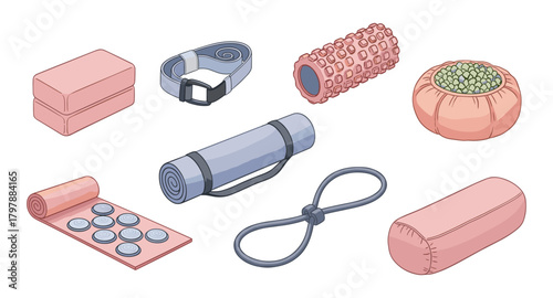 Yoga and fitness equipment collection in soft pastel colors