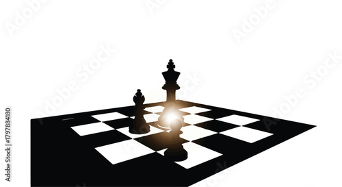 Strategic chess pieces cast dramatic shadows on a checkered board, symbolizing intellect and competition.