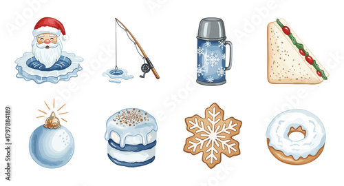 Winter holiday icons: santa, ice fishing, thermos, sandwich, ornament, macaron, snowflake, doughnut