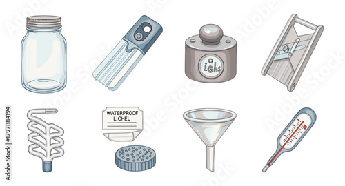 Isometric kitchen utensils collection: funnel, thermometer, grater, jar, and more