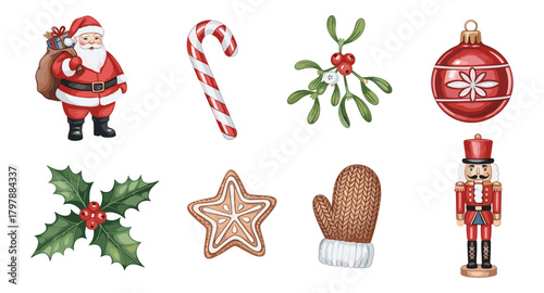 Festive christmas elements: santa, candy cane, nutcracker, ornaments, and more