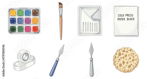 Watercolor art supplies collection with brushes, palette, and tools for artistic creativity