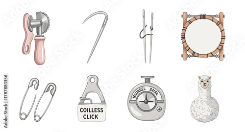 Vintage sewing and knitting tools collection featuring unique stitching instruments