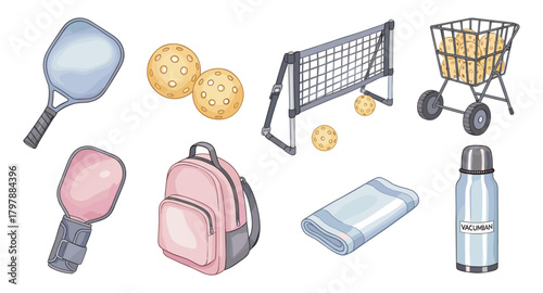 Pickleball equipment set: paddles, balls, net, and accessories for outdoor play