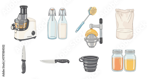Kitchen tools collection featuring juicer, mason jars, and more in flat style